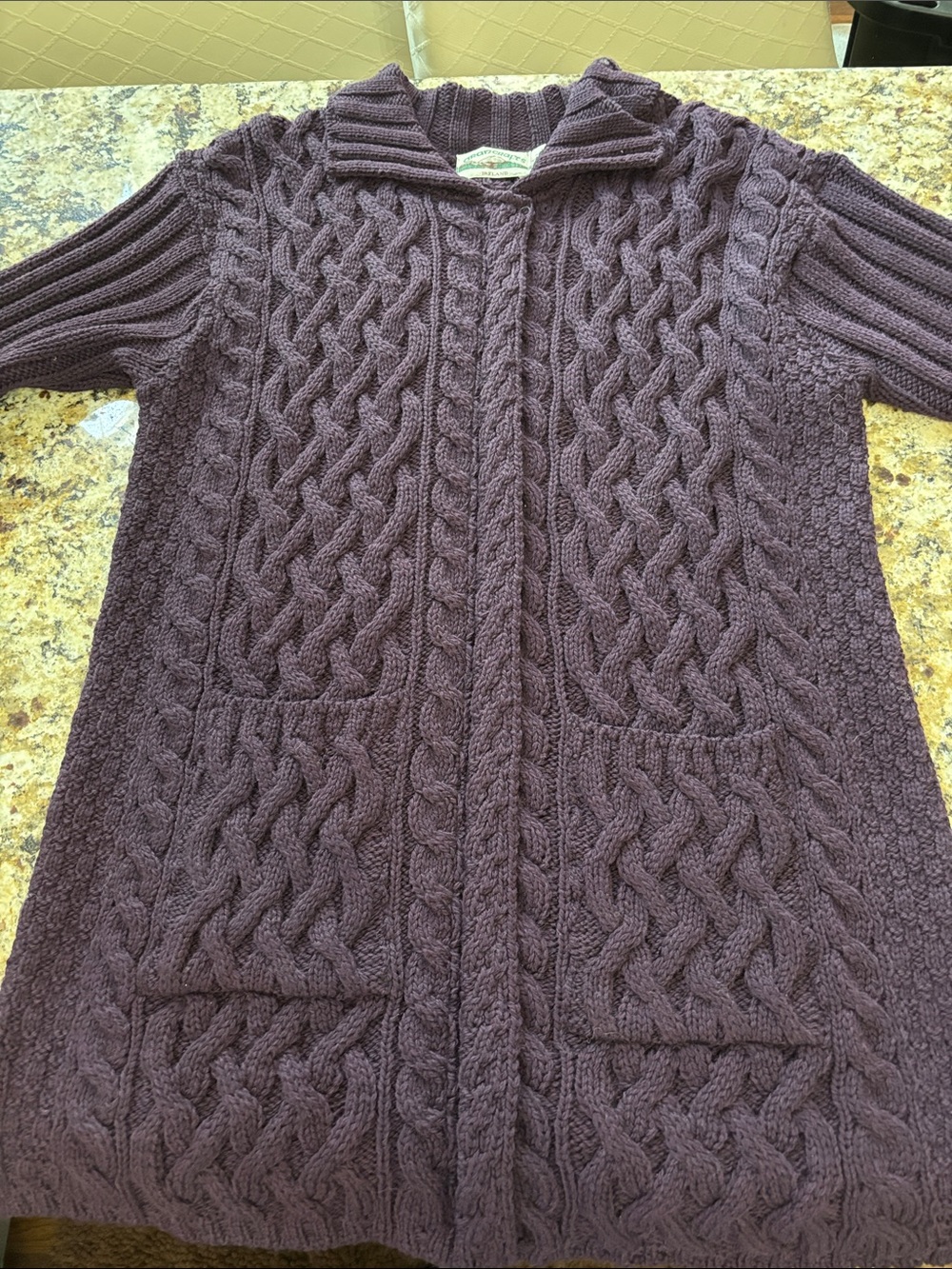 Aran Crafts Plum Cable Knit Zip-Front Cardigan made in Ireland